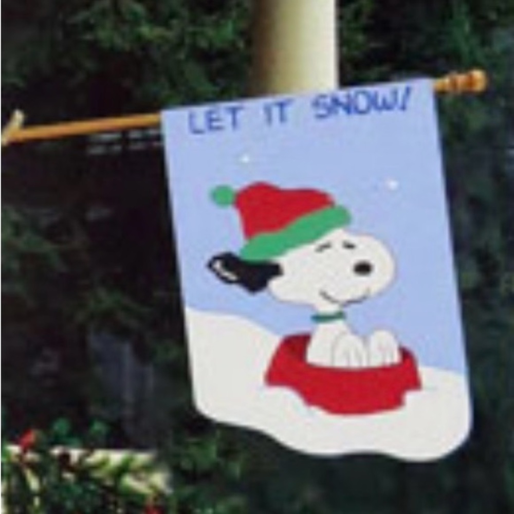 Peanuts Snoopy Appliqué Let it snow snoopy sledding in dog bowl 28x40 flag